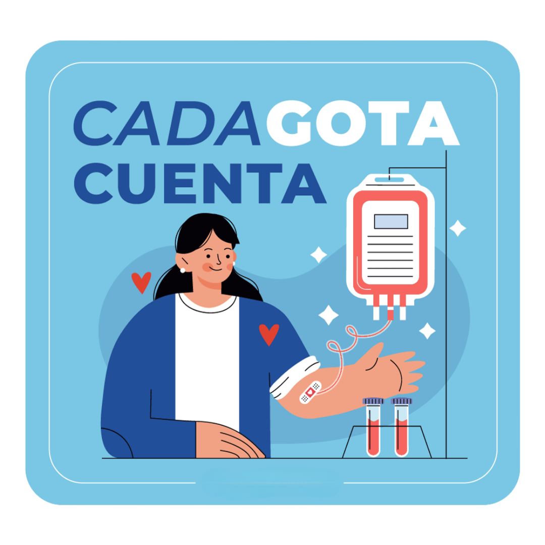 Ilustración donación de sangre — dos manos unidas por una vía de transfusión con gotas de sangre